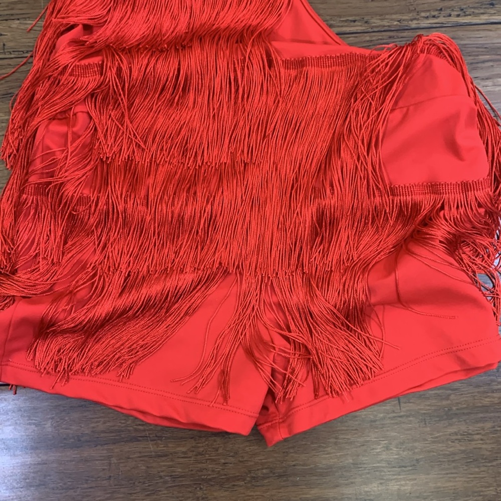 3 Pc Dance Costume Set Adult Small Sequin Top Red Fringe Shorts IridescentPants - Picture 5 of 6
